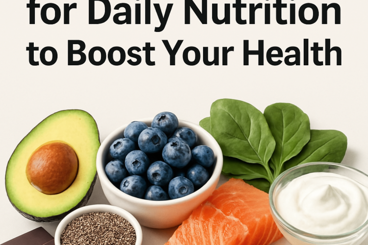 A vibrant collage of the 10 best superfoods for daily nutrition, including blueberries, spinach, chia seeds, almonds, Greek yogurt, salmon, turmeric, quinoa, avocados, and dark chocolate.
